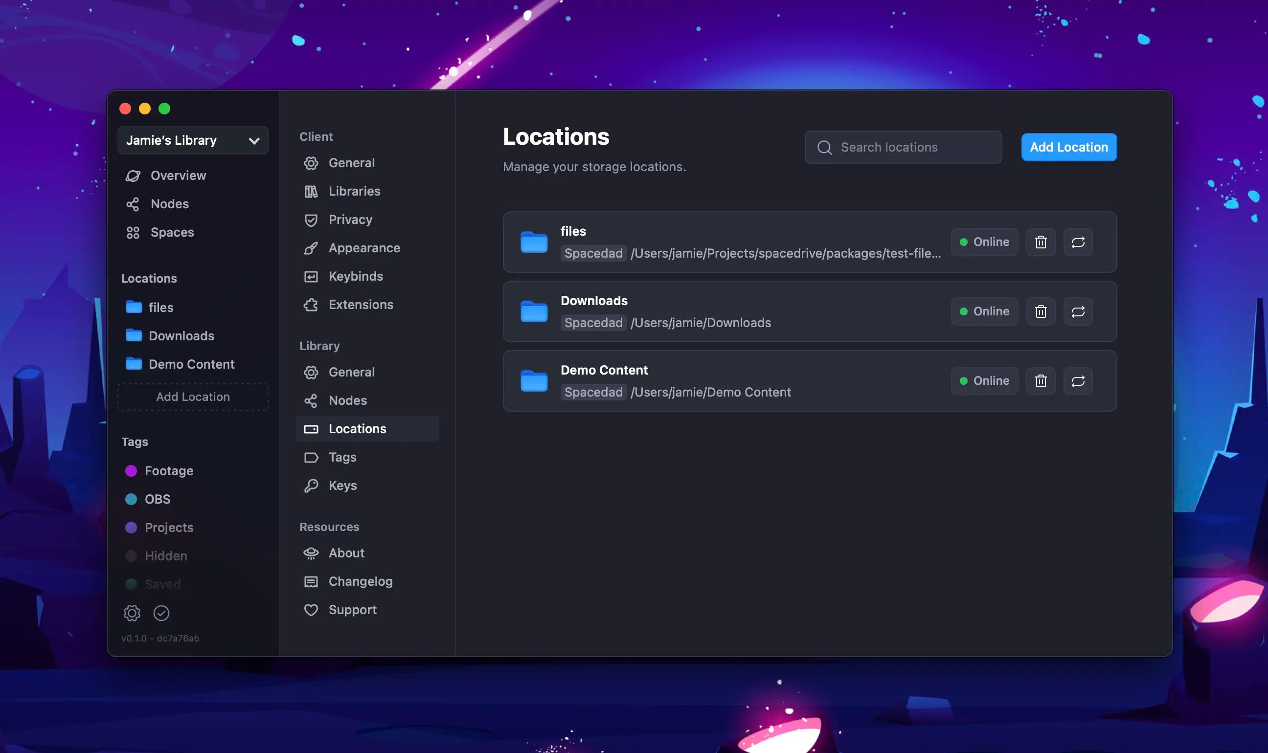 Spacedrive Locations from the Settings view